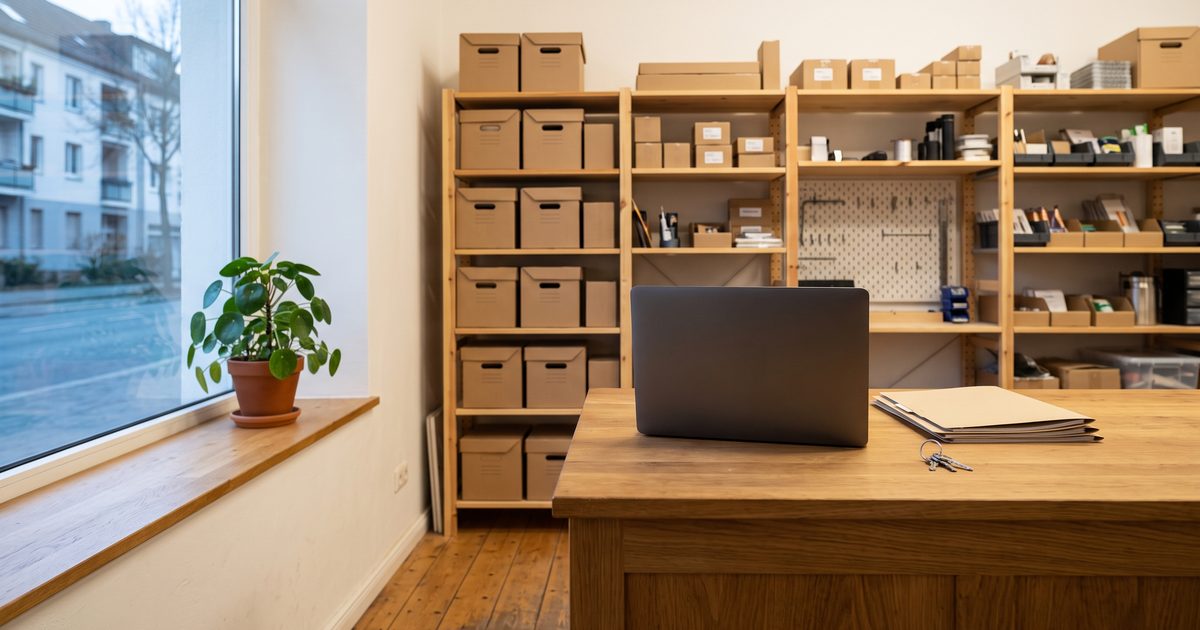 Jasne, uporządkowane wnętrze małej firmy: na drewnianej ladzie leżą laptop, teczki z dokumentami i klucze, a w tle stoją regały z kartonami i towarem.